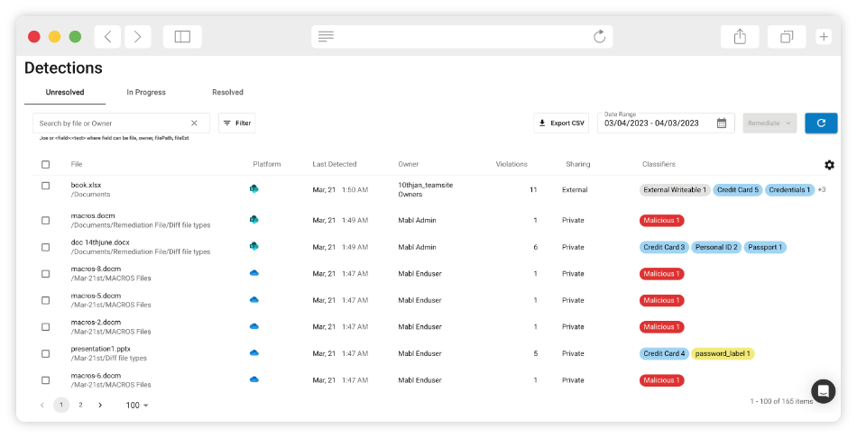Detections in Barracuda Data Inspector