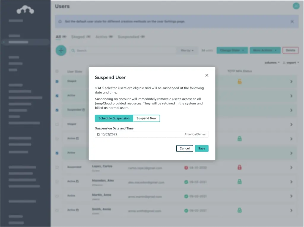 JumpCloud User Identity Lifecycle Management, Unified on and offboarding of users